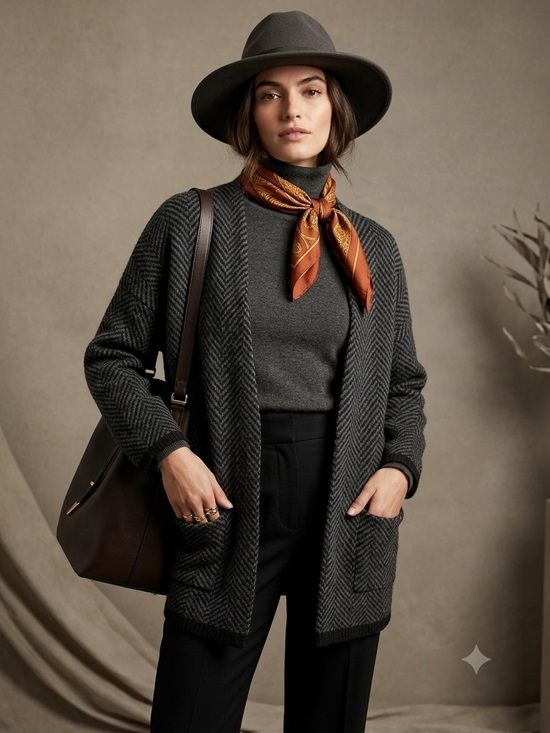 J. Jill Sweaters - J. Jill Gray Black Herringbone Open Front Cardigan Sweater Wool Blend Pockets L